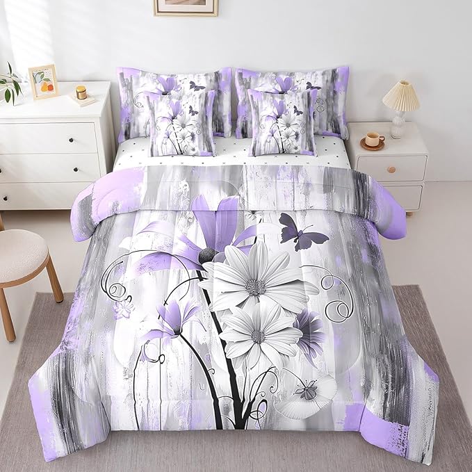 Feelyou Girls Daisy Flower Comforter Set with Sheets King Size 7 Pieces Kids Vintage Floral Butterfly Bedding Set for Boys Women Teens Purple Grey White Simple Modern Abstract Art Bed in a Bag