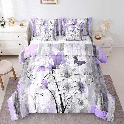 Feelyou Girls Daisy Flower Comforter Set with Sheets King Size 7 Pieces Kids Vintage Floral Butterfly Bedding Set for Boys Women Teens Purple Grey White Simple Modern Abstract Art Bed in a Bag