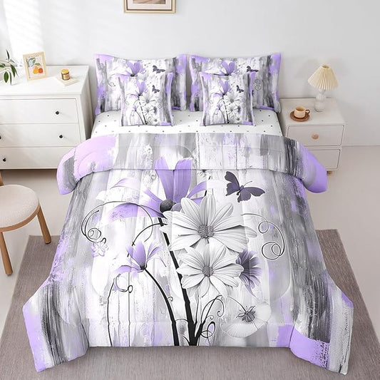 Feelyou Girls Daisy Flower Comforter Set with Sheets Full Size 7 Pieces Kids Vintage Floral Butterfly Bedding Set for Boys Women Teens Purple Grey White Simple Modern Abstract Art Bed in a Bag
