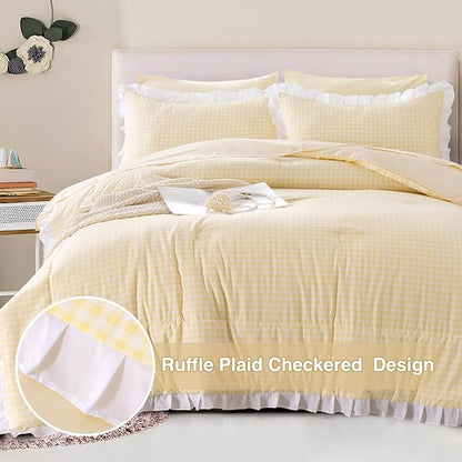 A Nice Night Comforter Twin Size,Yellow Ruffle Comforter for Dorm Room Essentials for Twin Bed,Plaid Checkered Chic Bedding Bed in a Bag for Girls