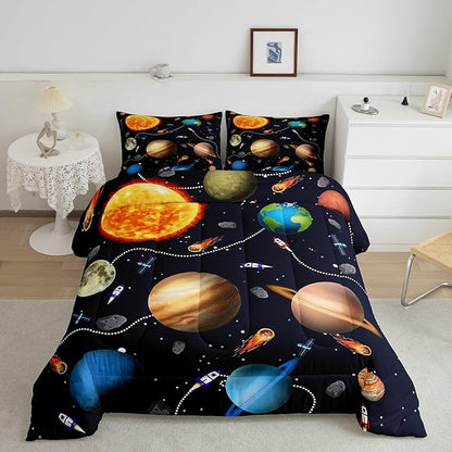 Erosebridal Solar System Comforter Set Queen,Astronomy Planets Bedding Set All Season for Kids Boys Girls,Outer Space Theme Down Comforter Warm,Rocket Starry Sky Quilted Duvet with 2 Pillowcases