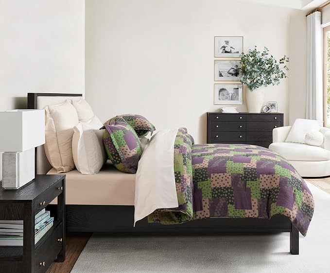 SLEEPBELLA Washed Double Layer Muslin 100% Cotton Comforter Set Queen Size, Purple Green Patchwork Fluffy Thick Checked Bedding Set, Soft Breathable (1 Comforter, 2 Pillow Shams)