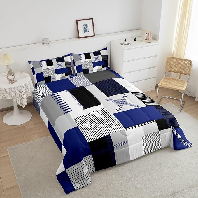 Erosebridal Navy Blue Grey Boys Comforter Set Toddler Black White Abstract Bedding Set for Kids Teen Men Geometric Square Quilt Grids Checkered Duvet Insert Modern Fashion Room Decor 2 Pcs