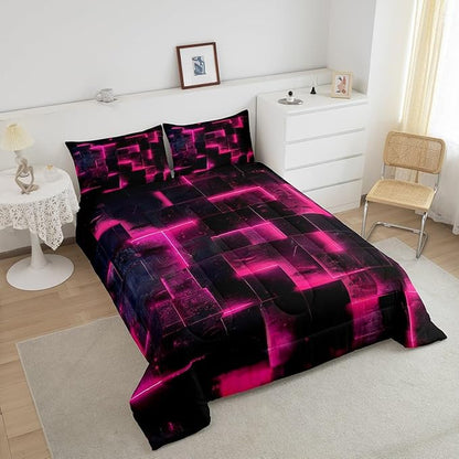 Hot Pink Black Bedding Queen 3D Glowing Buffalo Queen Comforter Set Modern Abstract Art Bedding Comforter Sets Geometric Plaid Duvet Insert, Gradient Futuristic Cubes Down Comforter (Black Reversible)