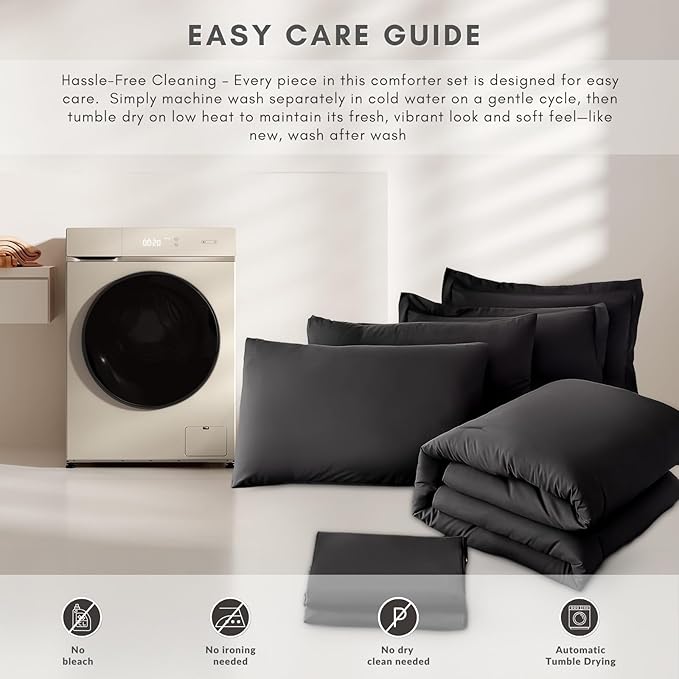 Cal King Comforter Duvet Cover Set Black - 7-Piece Bed in a Bag, Festive Gift Double Brushed Micorfiber All-Season Soft Bedding with Sheets & Envelope Pillowcases(104"x90",Cal King)