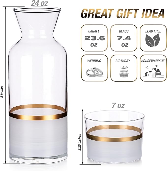 GARIZZE Bedside Water Carafe and Glass Set for Bedroom, Bedside Carafe and Glass Set, Mouthwash Decanter for Bathroom, Water Carafe with Glass Cup for Nightstand (24-oz/7-oz) (WHITE GOLD)Standard Pack