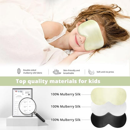 Kids Sleep Mask Eye Cover, 100% Real Natural Pure Silk Eye Mask with Adjustable Strap, Blindfold Kids Eye Mask for Sleeping, Eye Shade for Boys Girls and Adult, Pressure-Free Comfort (Light Green)