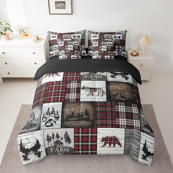Erosebridal 7 Piece Bear Comforter Set for Teens Boys Girls Buffalo Plaid Check Bedding Sets for Cabin Camping Wild Animal Elk Deer Bed in a Bag Red Christmas Stripes Hunting Theme Quilt,King