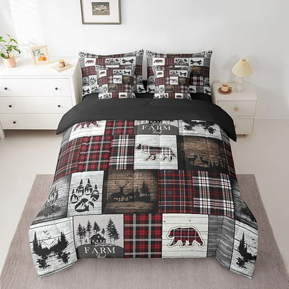Erosebridal 7 Piece Bear Comforter Set for Teens Boys Girls Buffalo Plaid Check Bedding Sets for Cabin Camping Wild Animal Elk Deer Bed in a Bag Red Christmas Stripes Hunting Theme Quilt,Full