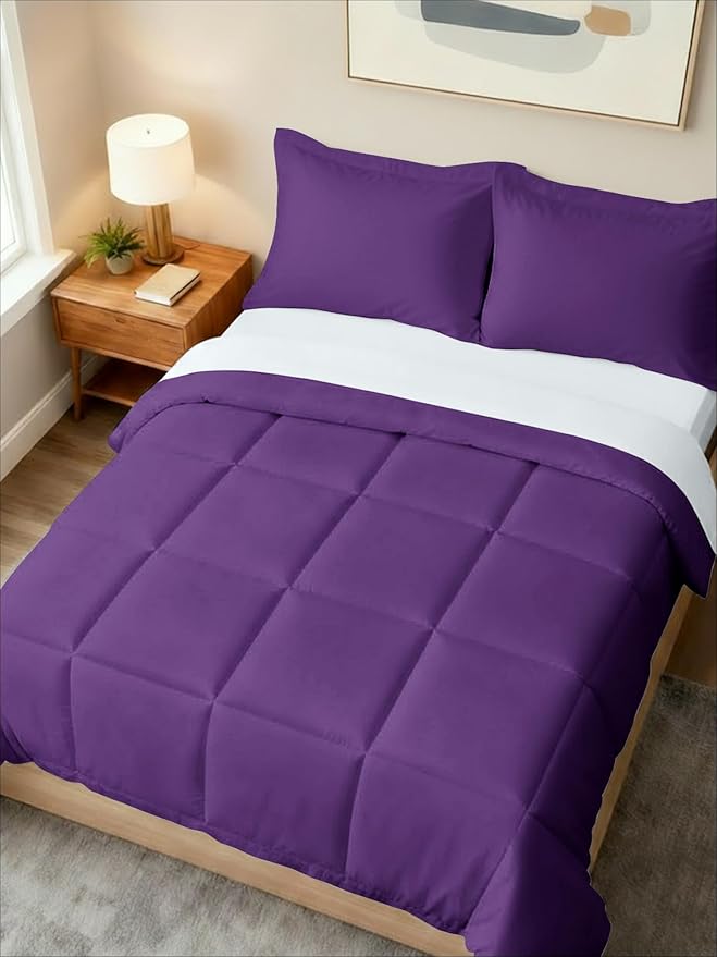 Queen Comforter Set - 3 Piece Bed Set for All Seasons - 1 Soft Quilted Comforter w/ Corner Tabs & 2 Pillow Shams - Comfy, Cozy & Breathable - Premium Down Duvet Insert - Oeko-TEX - Queen Size, Purple