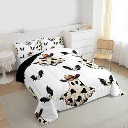 Erosebridal Cowboy Ghost Comforter Set Twin for Boys, Horror Halloween Decor Bedding Set Gothic Bat Comforter, Black Bat Quilt with 1 Pillow Case for Kids Girls Teens Women Men Bedroom