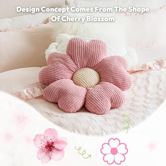 Sioloc Flower Shaped Throw Pillow, Fun Daisy Pillow, 25.6" Large Pink Flower Pillow Cute Decorative Seat Cushion Aesthetic Flower Plush Pillows for Bed Floor Couch Chair