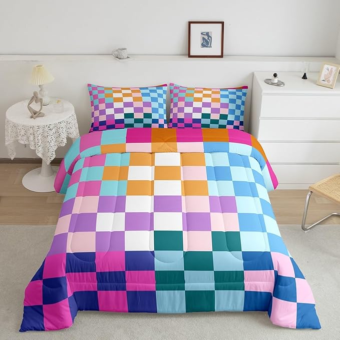 Feelyou Multicolored Checkered Retro Bedding Set Kids Boys Girls Geometric Vintage Comforter Set King Size Rainbow Colorful Soft Duvet Insert Modern Simple Groovy Aesthetic Room Decor