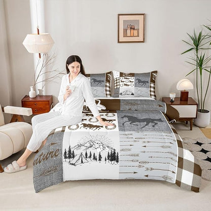 Erosebridal Horse Queen Comforter Set, Western Horseshoe Quilt Southwest Cowboys Cowgirls Bedding Set for Kids Boys Teens Adult Bedroom, Rustic Farmhouse Patchwork Adventure Bedding Comforter Sets