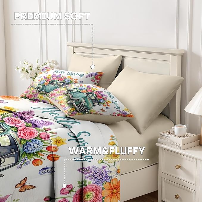 Nesker 7 Pcs Spring Comforter Set Queen Size, Truck Flowers Butterfly Farmhouse Roses Bedding Set for Kids and Adults, Truck Bed Sheet Sets with Fitted Sheet 2 Pillowcases & 2 Shams