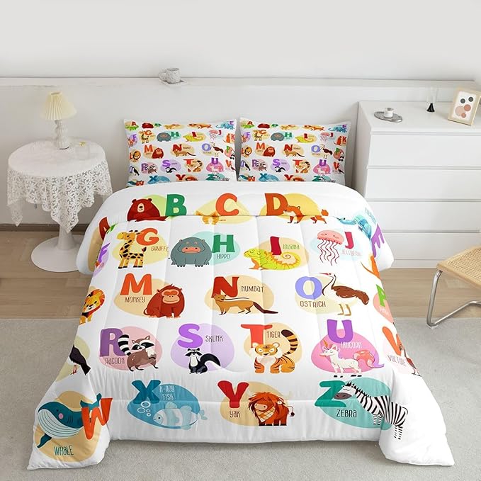 Alphabet Bedding Set for Kids Room Decor Cute Cartoon English Alphabet Comforter Set for Child Boys Girls,Animal ABC Fish Pattern Duvet Insert Ocean Sealife 26 Letters Bedroom Decor Twin Size