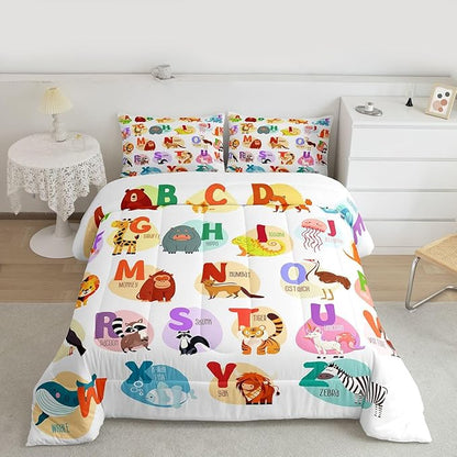 Alphabet Bedding Set for Kids Room Decor Cute Cartoon English Alphabet Comforter Set for Child Boys Girls,Animal ABC Fish Pattern Duvet Insert Ocean Sealife 26 Letters Bedroom Decor Twin Size