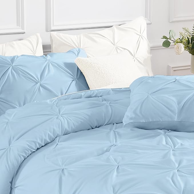 Andency Light Blue Pinch Pleat Comforter Full(79x90Inch), 3 Pieces(1 Down Alternative Comforter and 2 Pillowcases) Light Blue Bed Set Microfiber Pintuck Bedding Set