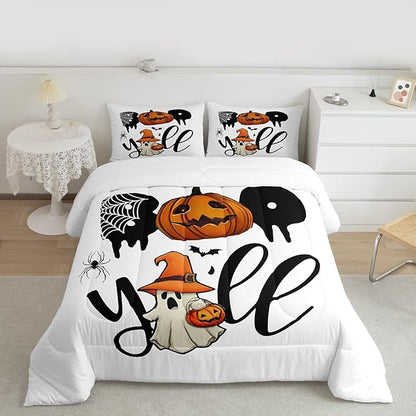 Erosebridal Halloween Boo Bedding Set Full, Halloween Pumpkin Comforter Set, Cute Ghost with Wizard Hat Comforter, Black Bat Spider Web Quilt for Kid Boys Girls Teens Women Men Bedroom Decor