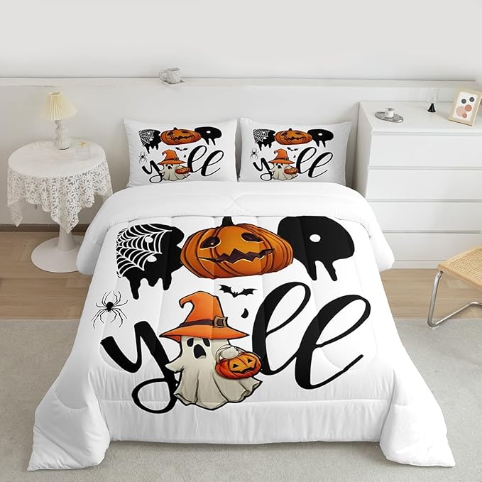 Erosebridal Halloween Boo Bedding Set King, Halloween Pumpkin Comforter Set, Cute Ghost with Wizard Hat Comforter, Black Bat Spider Web Quilt for Kid Boys Girls Teens Women Men Bedroom Decor