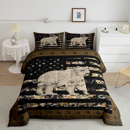 Feelyou Gray Bear Bedding Set Wild Animal Comforter Set for Kids Boys Girls Camo Tree Branches Comforter American Flag Quilt Set with 1 Pillowcase 2Pcs Bedding Toddler