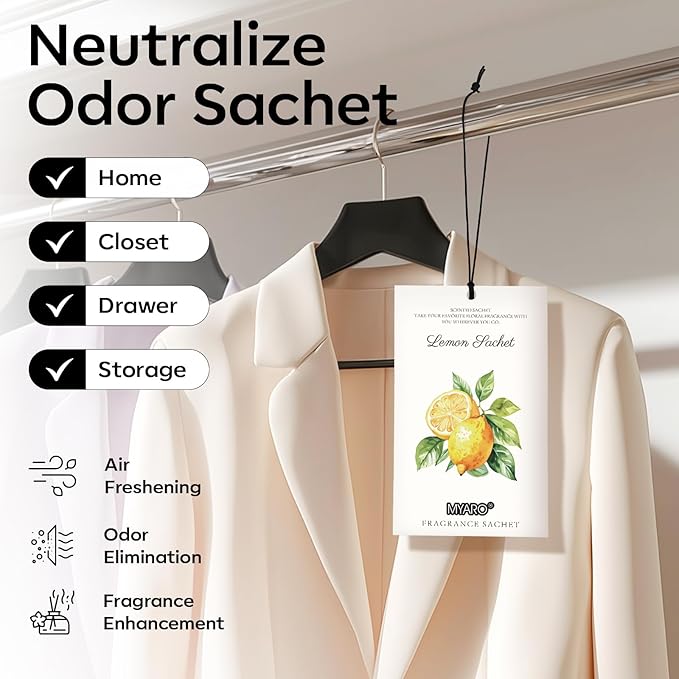 MYARO 12 Packs Lemon Scented Sachets for Drawer and Closet - Long Lasting Bathroom Odor Deodorizer Fresh Scents Car Air Refrehener Home Fragrance