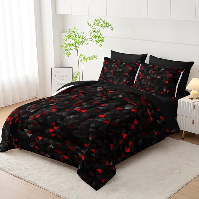 Geometric Red Black Triangle Twin Size Comforter Set,Light Honeycomb Bedding Set 7 Piece in A Bag,Bed Sheet Set Geometry Decor,Microfiber Lightweight All Season