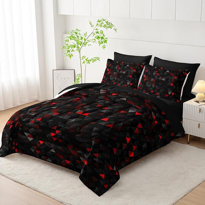 Geometric Red Black Triangle Queen Size Comforter Set,Light Honeycomb Bedding Set 7 Piece in A Bag,Bed Sheet Set Geometry Decor,Microfiber Lightweight All Season