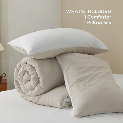 Bedsure Twin/Twin XL Comforter Set, Beige White Soft Prewashed Bedding for All Seasons, 2 Pieces GentleSoft™ Bed Set, 1 Lightweight Comforter (68"x88") and 1 Pillowcase (20"x26")