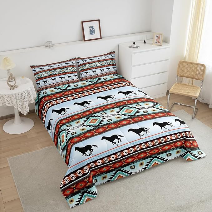 Feelyou Kids Western Decor Comforter Set Southwestern Bedding Set Toddler Size Bedroom Decor Galloping Horse Wild Western Cowboy Geometric Comforter Green Red Duvet Set with 1 Pillow Case