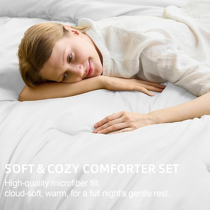 FUANNA King Size Comforter Sets White, 7 Pieces Soft Bedding Set, All Season Lightweight Bed in a Bag with Comforter, Flat Sheet, Fitted Sheet, Pillowcases & Shams