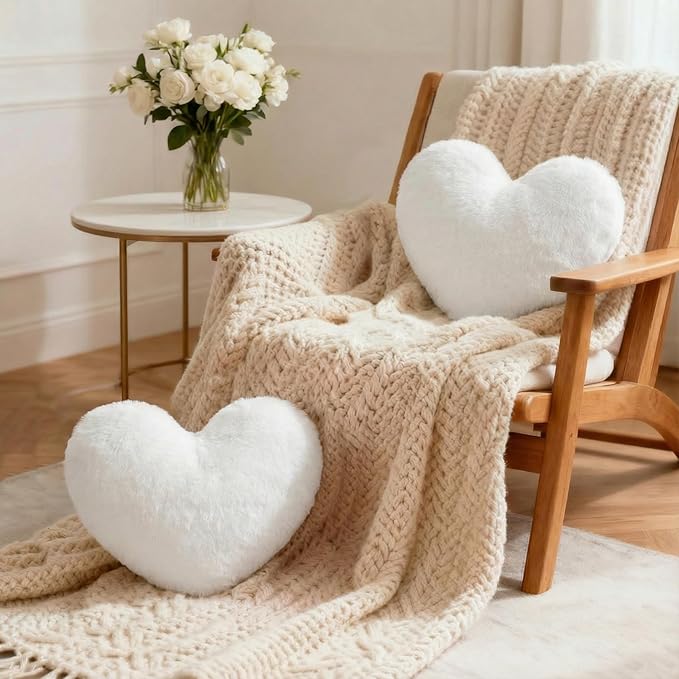 Nydotd Heart Pillows Cute Fuzzy Throw Pillow White Love Heart Shaped Decorate Pillows for Bed Livingroom Sofa Gifts Home Decor Cushion Small 11.8" x 10"