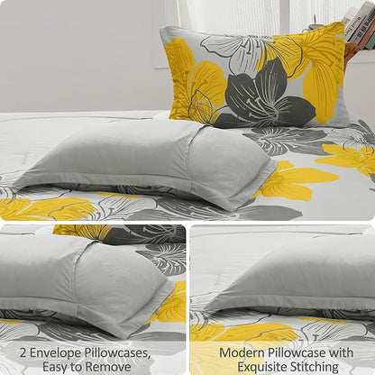 Menghomeus California King Comforter Set Yellow Floral Pattern Printed On Grey Cal King Bedding Set Soft Microfiber Boho Bed Set for All Season, 3 Pieces