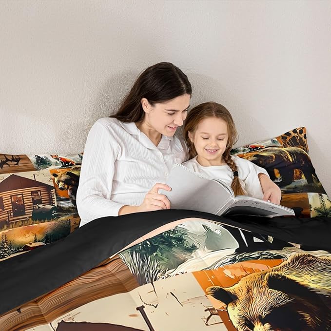 Erosebridal Rustic Lodge Comforter Set Toddler Size Bear Deer Fox Cabin Bedding Set for Kids Teens Adult | Country Woodland Animals Duvet Insert Vintage Barn Pine Trees Brown Black Quilt,2 Piece
