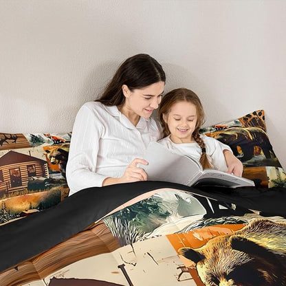 Erosebridal Rustic Lodge Comforter Set Full Size Bear Deer Fox Cabin Bedding Set for Kids Teens Adult | Country Woodland Animals Duvet Insert Vintage Barn Pine Trees Brown Black Quilt,3 Piece