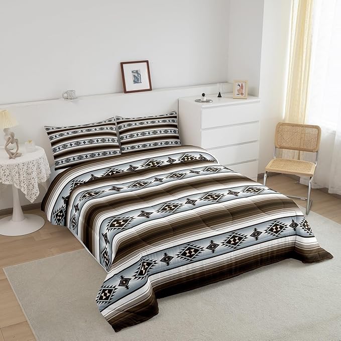 Erosebridal Rustic Boho Comforter Set Toddler Bohemian Western Aztec Stripes Bedding Set Southwest Ethnic Tribal Mexican Down Comforter for Kids Adults Southwestern Farmhouse Cabin Quilt Duvet 2 Pcs