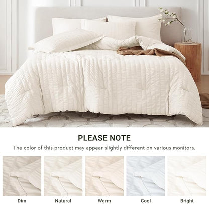 MUXHOMO 7 Pieces Full Comforter Set, Seersucker Bed in a Bag Full Size, All Season Luxury Bedding Set with Comforter, Flat Sheet, Fitted Sheet, Pillowcases & Shams, Ivory