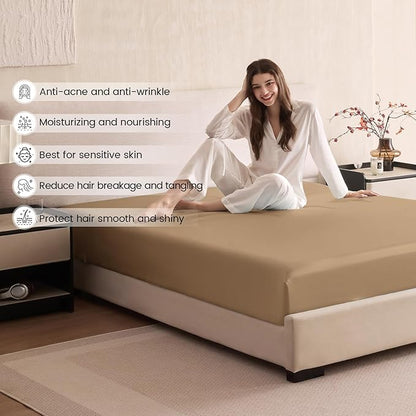 THXSILK 6A+ Top Grade 100% Pure Mulberry Silk Cal. King Fitted Sheet 3Pcs Set Bed Sheets Luxury Bedding for Hair and Skin Soft Breathable Cooling, 1 Fitted Sheet with 2 Pillowcases, Taupe
