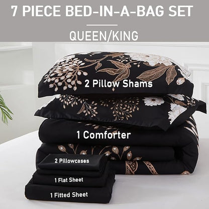 Yogeneg 7 Piece Bed in a Bag Queen Comforter Set Botanical Floral Bedding Set,White Flowers Leaves Printed on Black Reversible Design,Soft Microfiber Comforter with Sheet Set,All Season