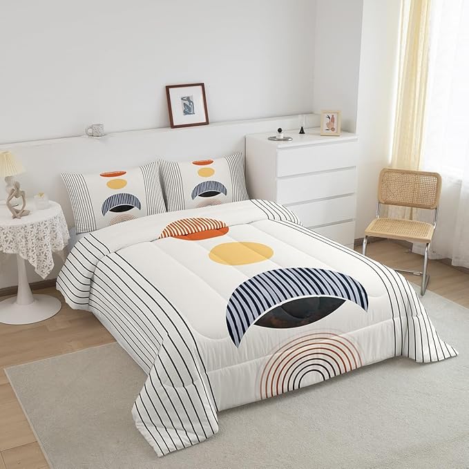 Erosebridal Modern Moon Print Bedding Set Queen Mid Century Comforter Set, Abstract Art Duvet Insert Geometric Stripe Quilt Sets, Aesthetic Bedding Comforters & Sets