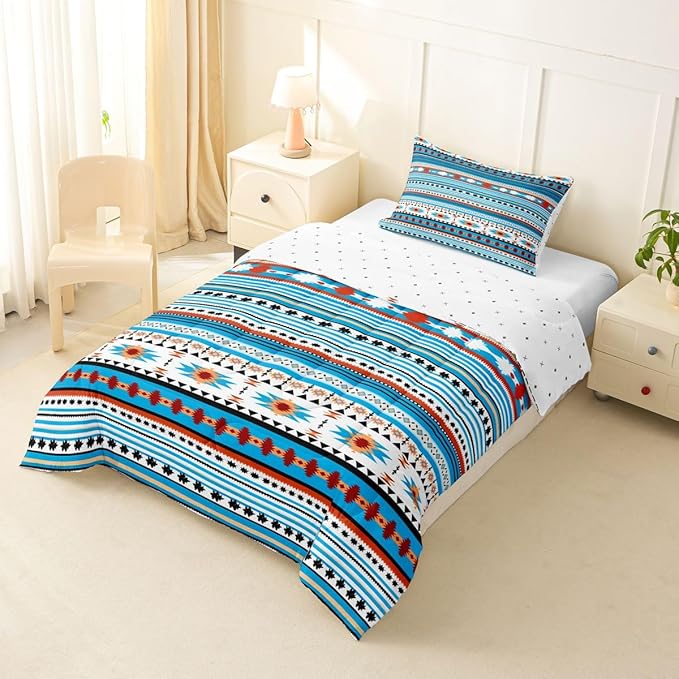 Erosebridal Southwestern Comforter Set Twin Boho Geometric Quilt, Tribal Arrow Bedding Set Western Duvet Insert, Country Room Decor Blue White