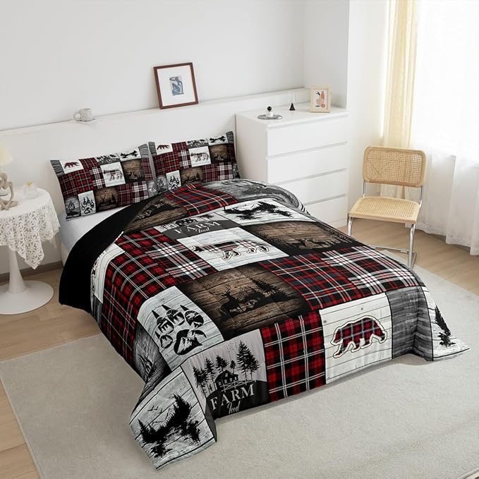 Bear Comforter for Teens Boys Girls Buffalo Plaid Check Bedding Sets for Cabin Camping Wild Farm Animal Elk Deer Duvet Insert Red Christmas Stripes Patchwork Quilt Hunting Theme Quilted Duvet,Twin