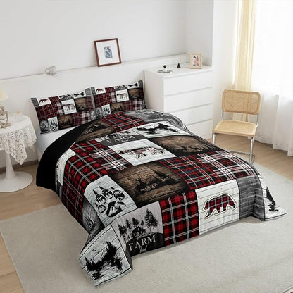 Bear Comforter for Teens Boys Girls Buffalo Plaid Check Bedding Sets for Cabin Camping Wild Farm Animal Elk Deer Duvet Insert Red Christmas Stripes Patchwork Quilt Hunting Theme Quilted Duvet,Queen