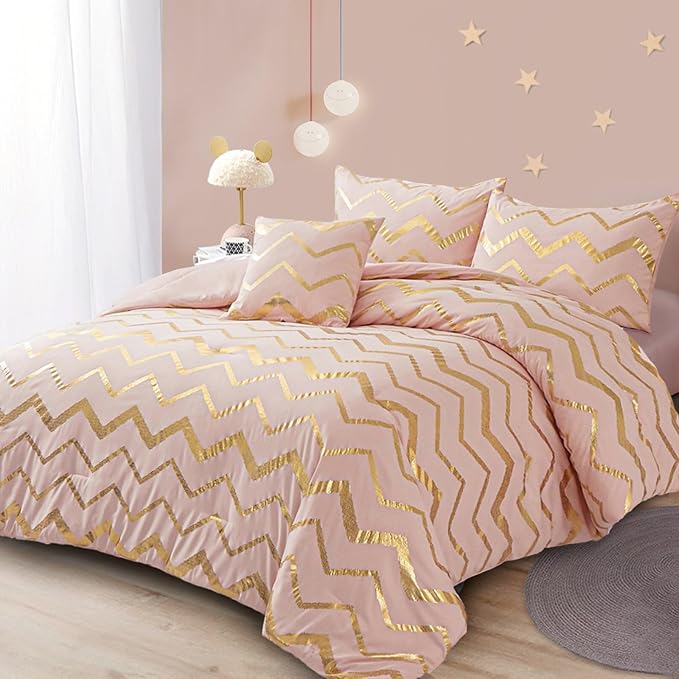 Menghomeus Pink Comforter Set King Size Metallic Blush and Rose Gold Bed Comforter 4 Piece Soft Microfiber Bedding for Teen Girls Women (2 Pillow Shams + 1 Decorative Pillow Sham)