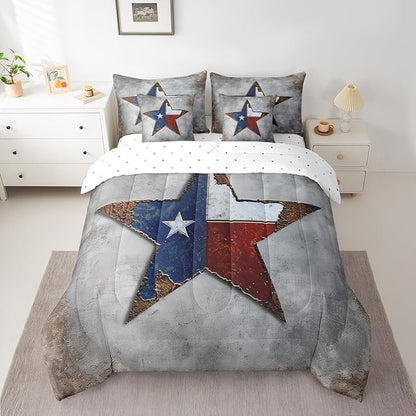 Erosebridal Vintage Texas Stars Bed in a Bag 7 Pieces Retro Flag Print Bedding Set, Grunge Grey Twin Size Comforter Set Texas Star Bedding Comforter Sets, American Flag Pattern Bed Set