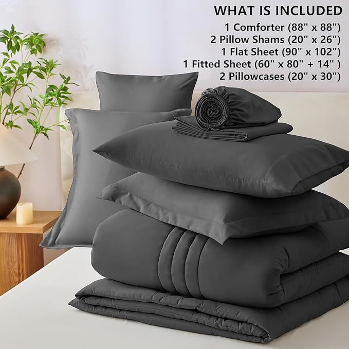 CozyLux Queen Size Comforter Sets - 7 Piece Bed in a Bag Dark Grey Comforter Set with Sheets Queen Bed Set All Seasons, Bedding Set with Down Alternative Comforter, Sheets, Pillowcases & Shams