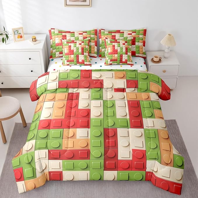 Feelyou Building Block Print 7 Piece Bedding Set Full Size Kids Brick Styles Comforter Set with Sheets for Boys Teens Colorful Gaming Bed in a Bag Green Red Yellow Room Decor