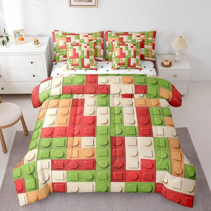 Feelyou Building Block Print 7 Piece Bedding Set Queen Size Kids Brick Styles Comforter Set with Sheets for Boys Teens Colorful Gaming Bed in a Bag Green Red Yellow Room Decor