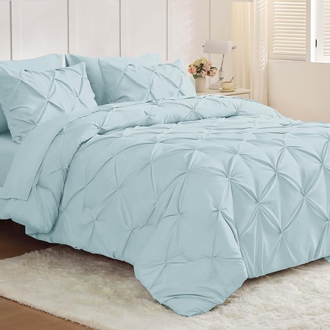 JOLLYVOGUE King Size Comforter Set 7 Pieces - Bed in a Bag King for All Season, Pintuck Bedding Comforter Sets with Comforter, Flat Sheet, Fitted Sheet and Pillowcases & Shams, Light Blue