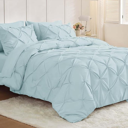 JOLLYVOGUE Full Size Comforter Sets 7 Pieces - Bed in a Bag Full for All Season, Pintuck Bedding Comforter Sets with Comforter, Flat Sheet, Fitted Sheet and Pillowcases & Shams, Light Blue